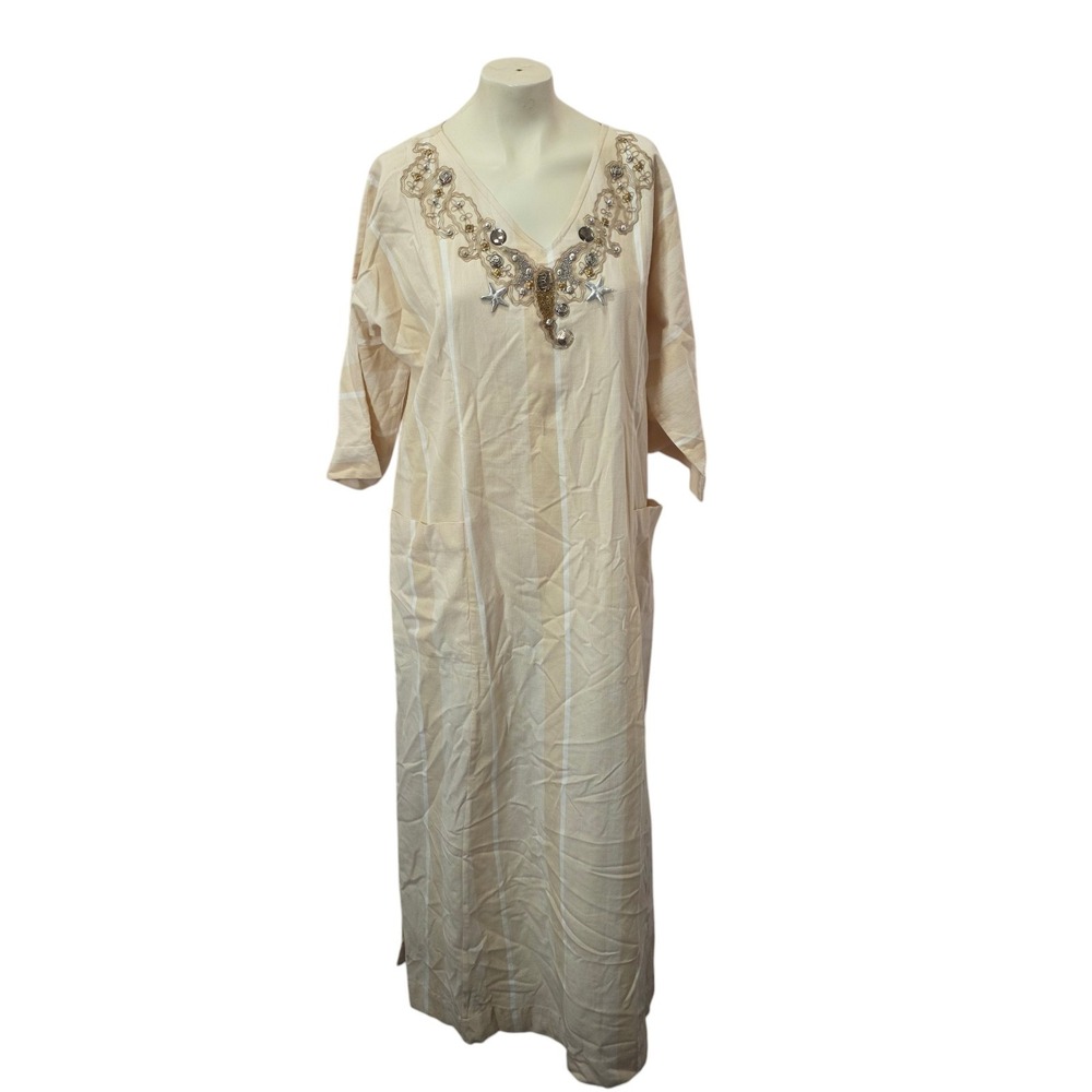 Soft Surroundings L Embellished Cotton Maxi Dress Kaftan Boho Beaded Striped